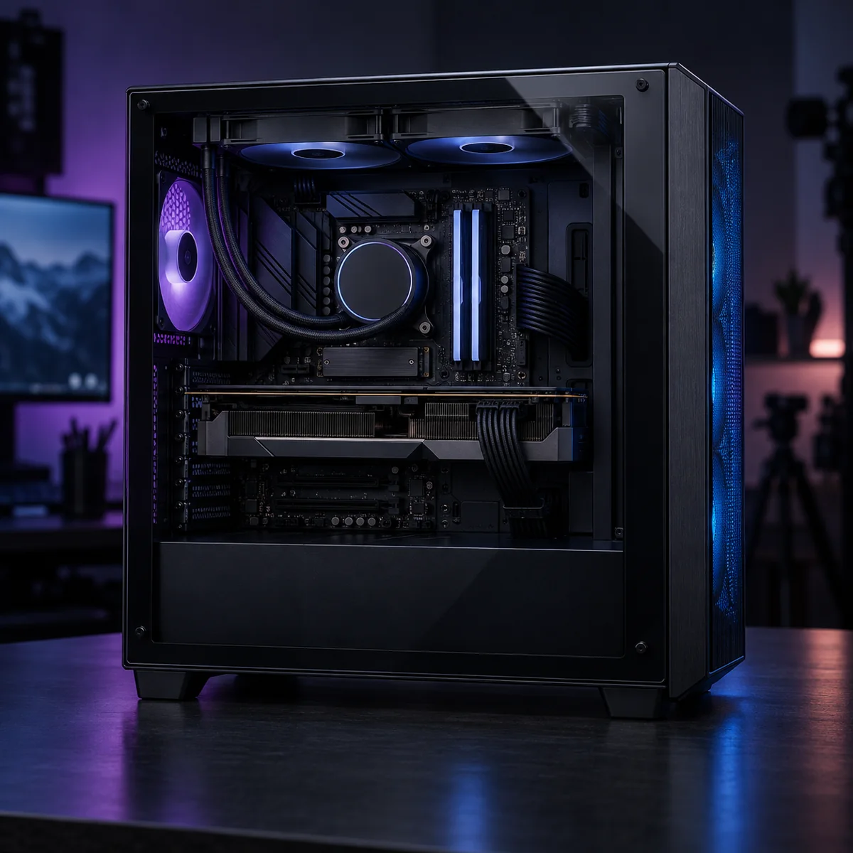 Black enthusiast PC on a studio workbench, with its internal components visible through the glass side panel.